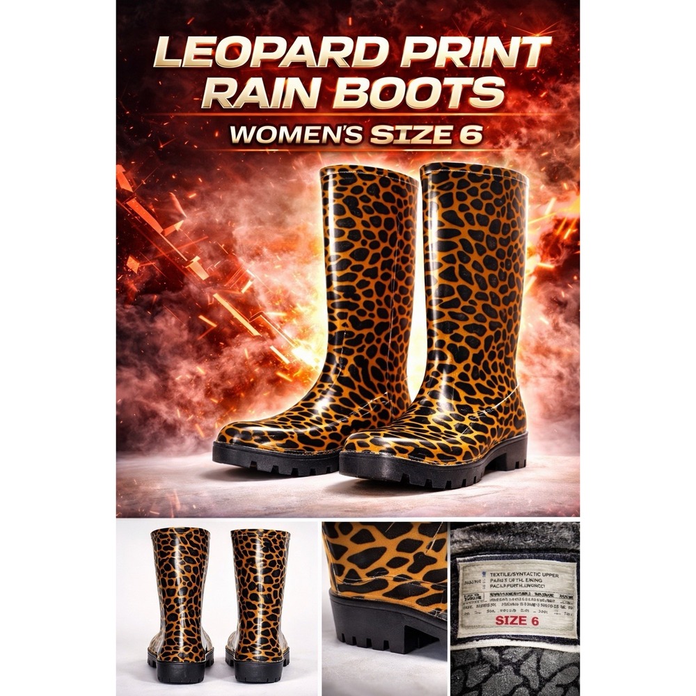 Women's Leopard Print Tall Rain Boots Size 6 Waterproof Rubber Pull On Black Tan